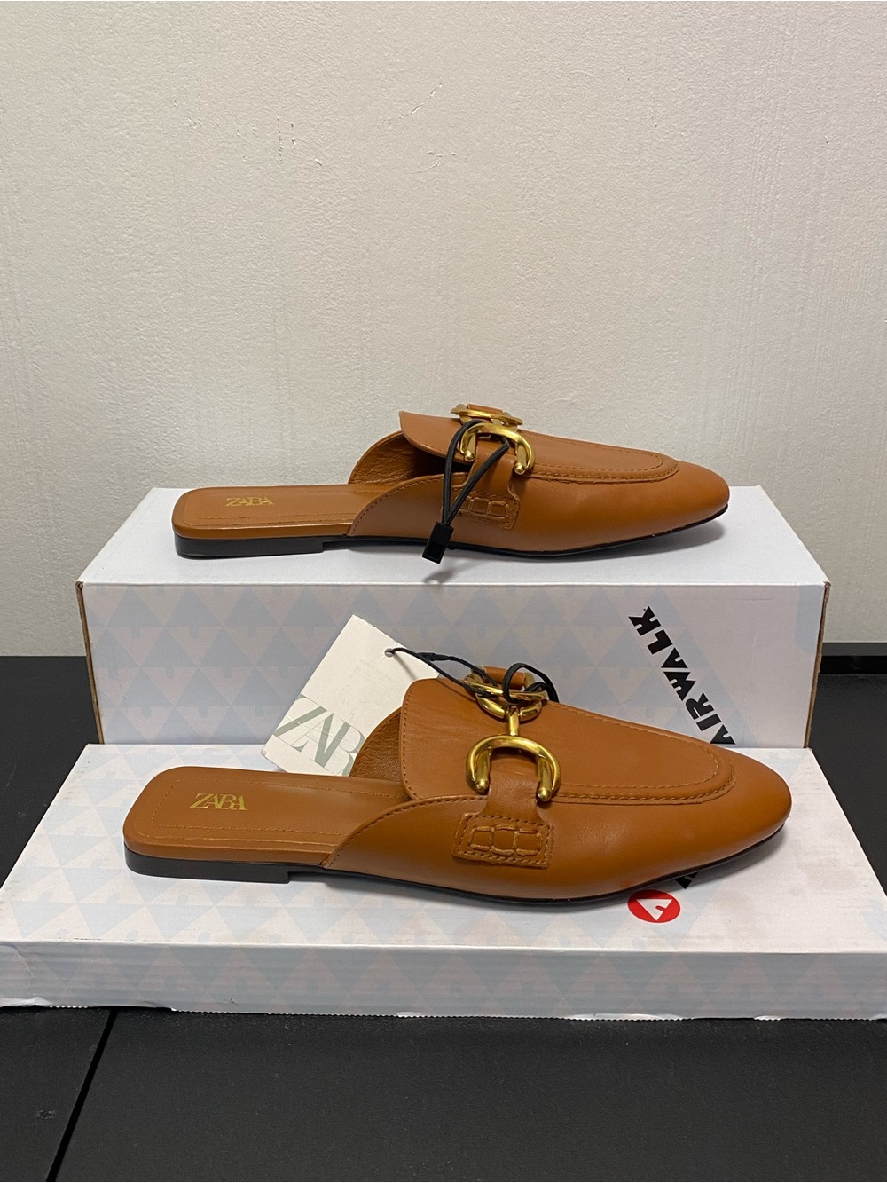 Zara Cognac Leather Slip-On Mule with Gold Detail